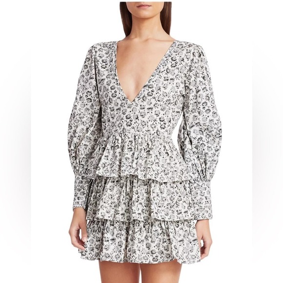 LoveShackFancy Paris Dandelion-Print Puff-Sleeve Mini A-Line Dress 2 Gray White - Picture 3 of 14
